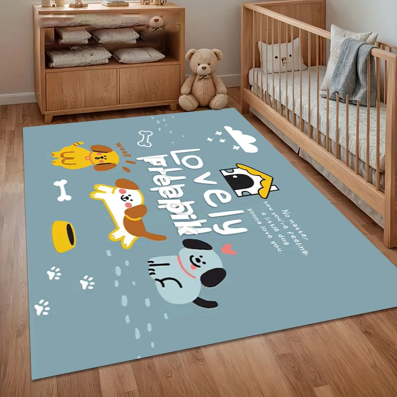 Cartoon Puppy Door Mat Washable Non-Slip Rugs for Entryway & Kitchen Bold Light Blue & Puppy Pattern Pet-Friendly Floor Carpet