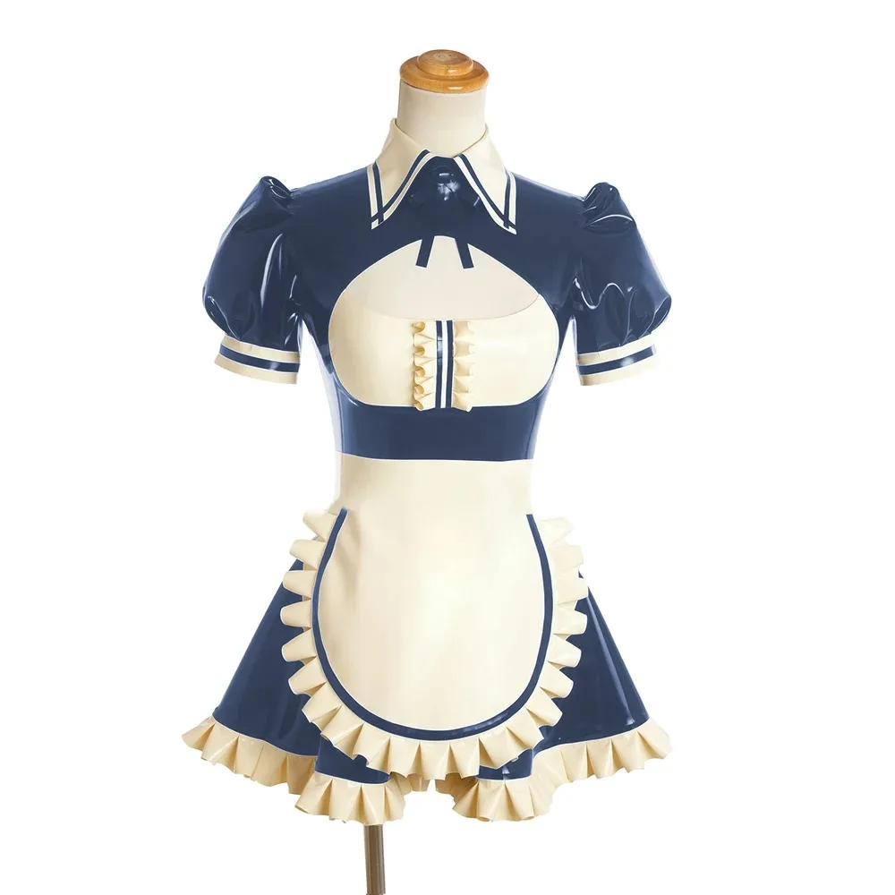

Short Sleeve Maid Uniform with Apron, Pleated Trim,Chest Hollow Out,Mini PVC Dress, Sexy Cosplay, Club Costume, Turn-down Collar