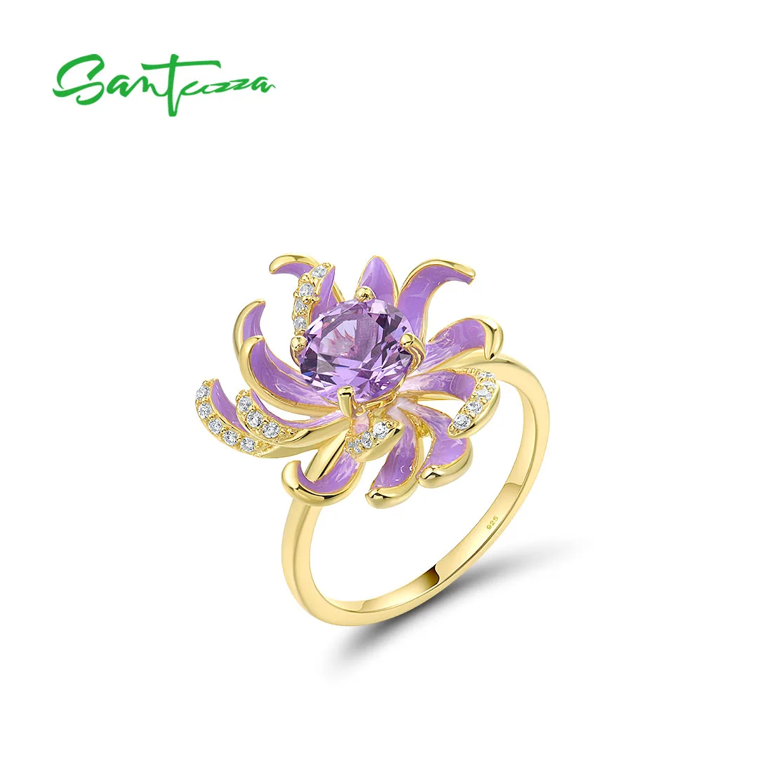 

SANTUZZA Real 925 Sterling Ring For Women Sparkling Purple Gems Enamel Flower Romantic Wedding Anniversary Gifts Fine Jewelry