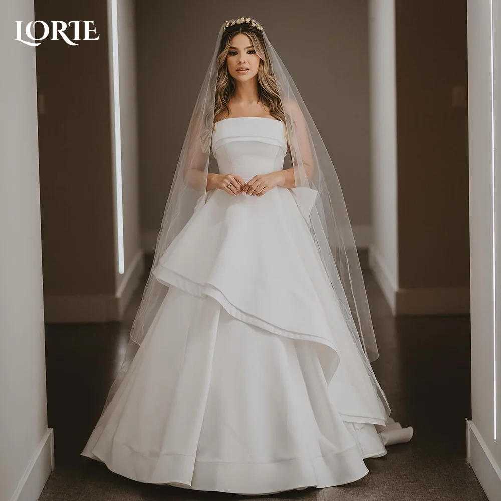 LORIE Elegant Satin Wedding Dresses Strapless A-Line Bow Ball Beach Bridal Gown Multi-Storeyed Ruffle Customized Bride Dress