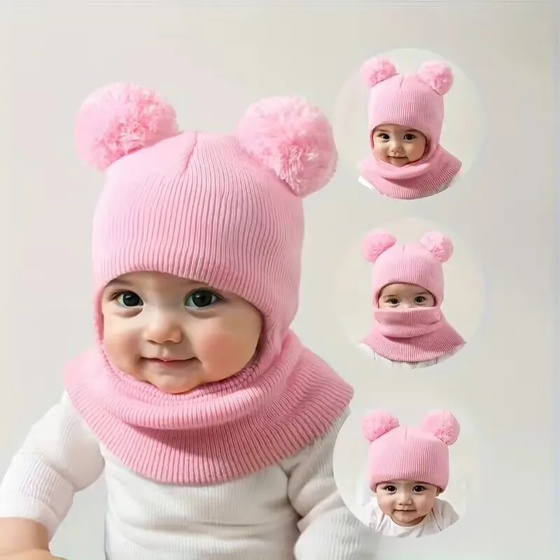 

1pc/2pcs Winter children's hooded one-piece hat,equipped with ear and neck protection devices,for warmth.Double ball knitted cap
