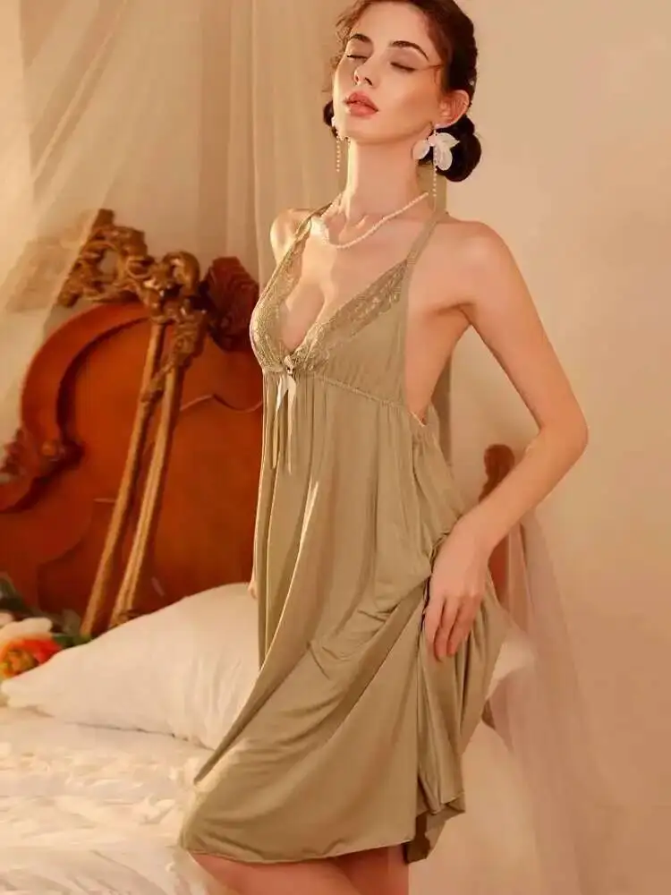 レースメッシュ無地ピュアデザイアカジュアルスタイルドレス女性用エレガントチャーミングバックレスディープVサスペンダーノースリーブドレスPGGN