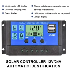Solar Charge Controller, Photovoltaic Panel PV Regulator, Load Discharger, Auto LCD, Dual USB, 5V Output, 12V, 24V, 30A, 10A