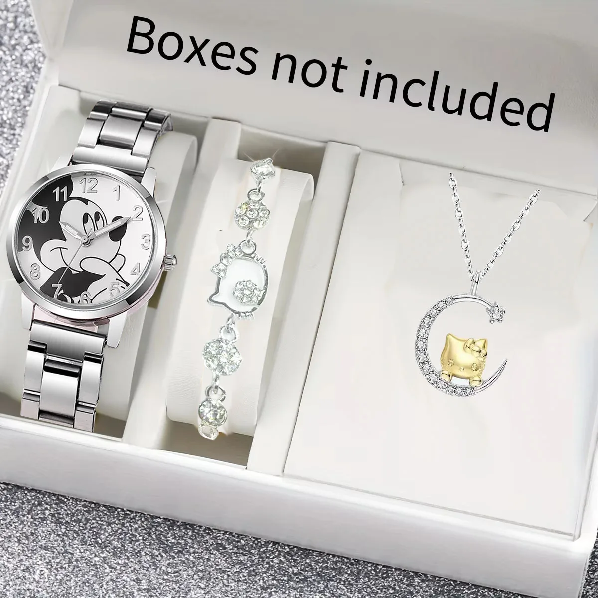 Jam Tangan Wanita Disney Mickey 3 Buah/Set Jam Tangan Kuarsa Tali Baja Bercahaya Penunjuk Mickey Mouse Kartun Kalung Gelang Hello Kitty