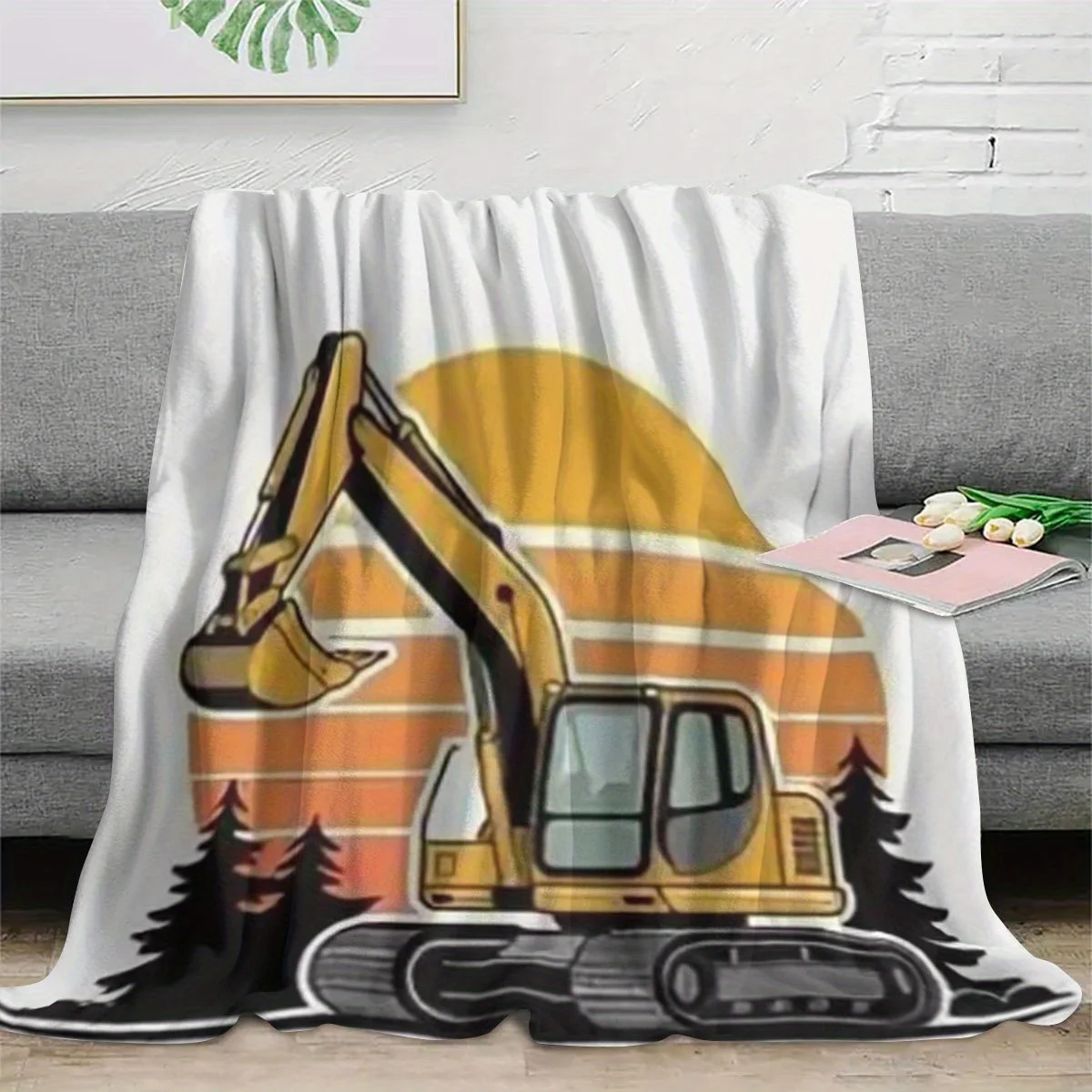 Large Excavator Construction Sunset Throw Blanket Tapestry Wall Art Decor Heavy Machinery Industrial Gift for Home Accent