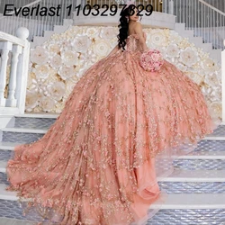 EVLAST Customized Blush Pink Quinceanera Dress Ball Gown Gold 3D Flowers Applique Beading Sweet 16 Vestidos De 15 Años TQD169