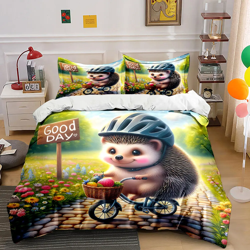

Hedgehog Cycling Decoration Set Bedding Set with 1 Duvet Cover 2 Pillowcases Single Double King Queen, Gift