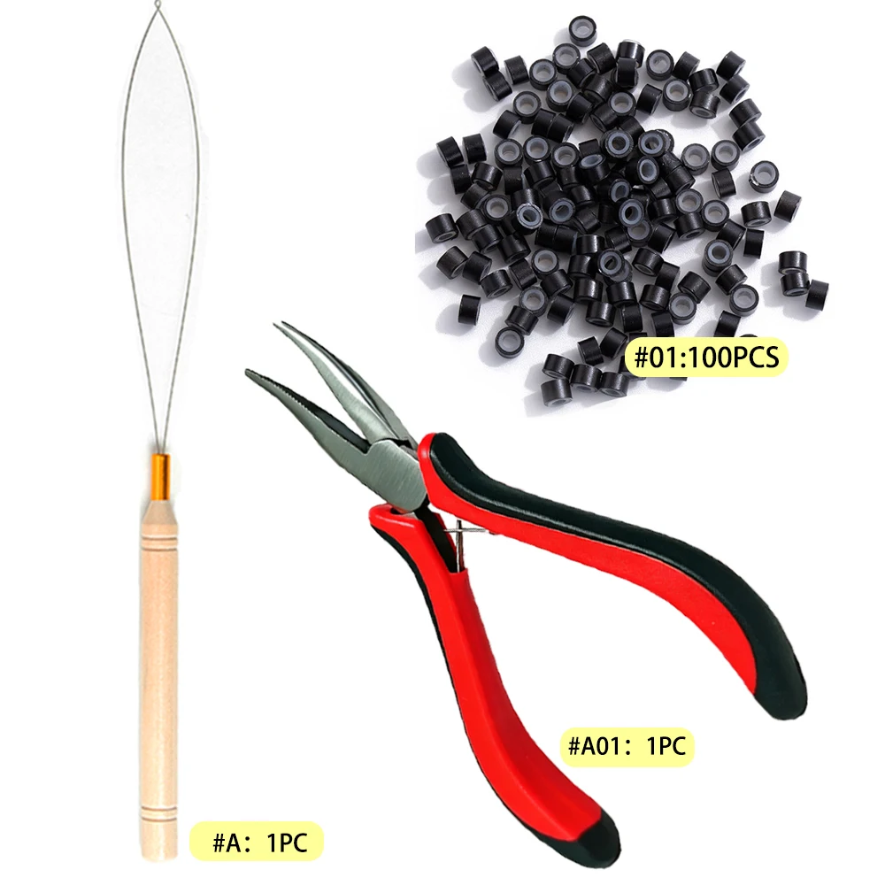 Hair Extensions Beads Tools Kit with Loop Threader And 100pcs Silicone Lined Micro Rings for Hair Extensions