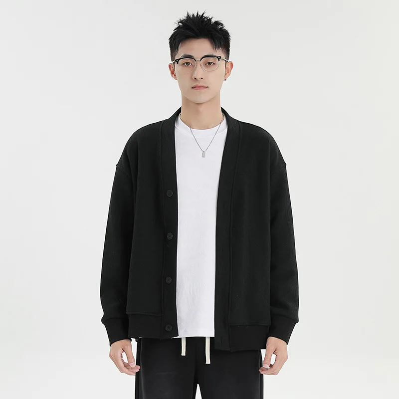 

Solid color Japanese style Lazy style Mens Coat High end Sense Waffle V neck Knit Cardigan Couple's Spring Autumn Sweatshirt