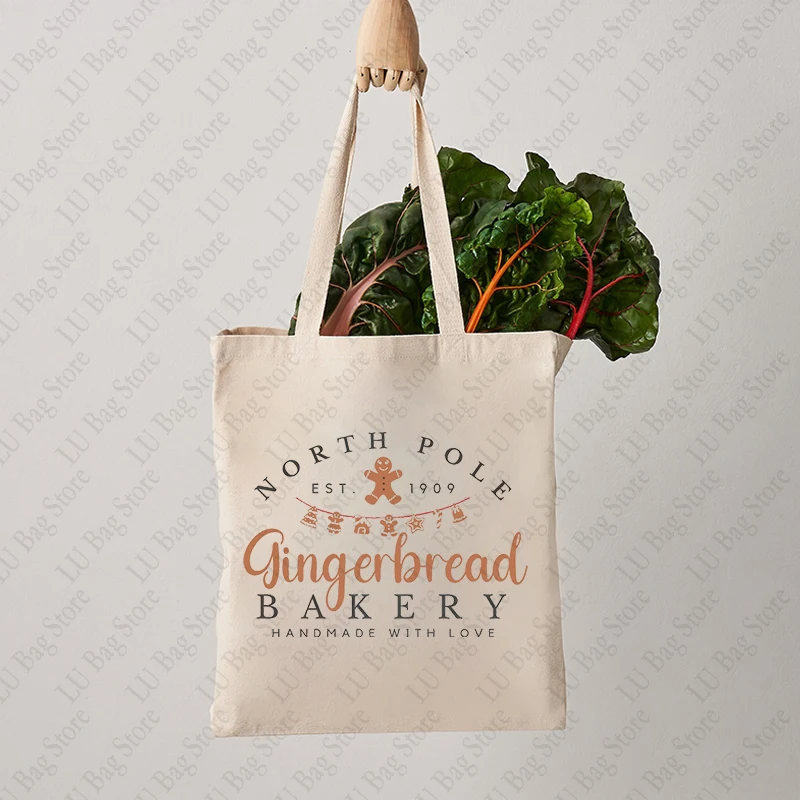 Gingerbread Bakery Xmas Christmas Gift Tote Bag Canvas Shoulder Bags for Travel Daily Commuting Women's Reusable Shopping Bag