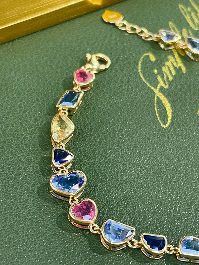 KUGG 100% 18K Yellow Gold Bracelet Luxury Romantic Style Real Natural Color Sapphire Bracelet for Women High Party Jewelry