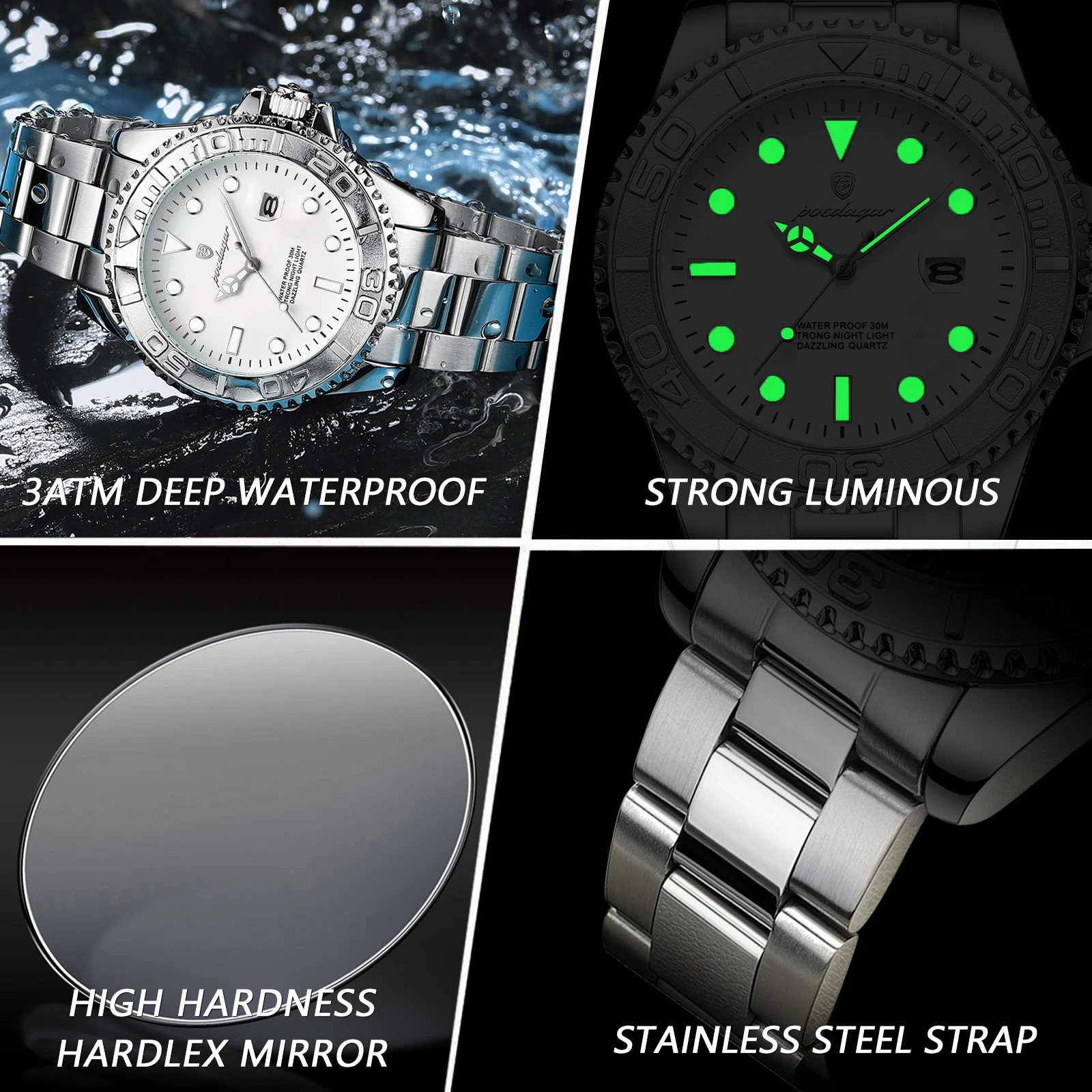 POEDAGAR ساعة رجالية عسكرية فاخرة مقاومة للماء مضيئة تاريخ رجل الفولاذ المقاوم للصدأ ساعة عالية الجودة رجال الأعمال ساعات كوارتز