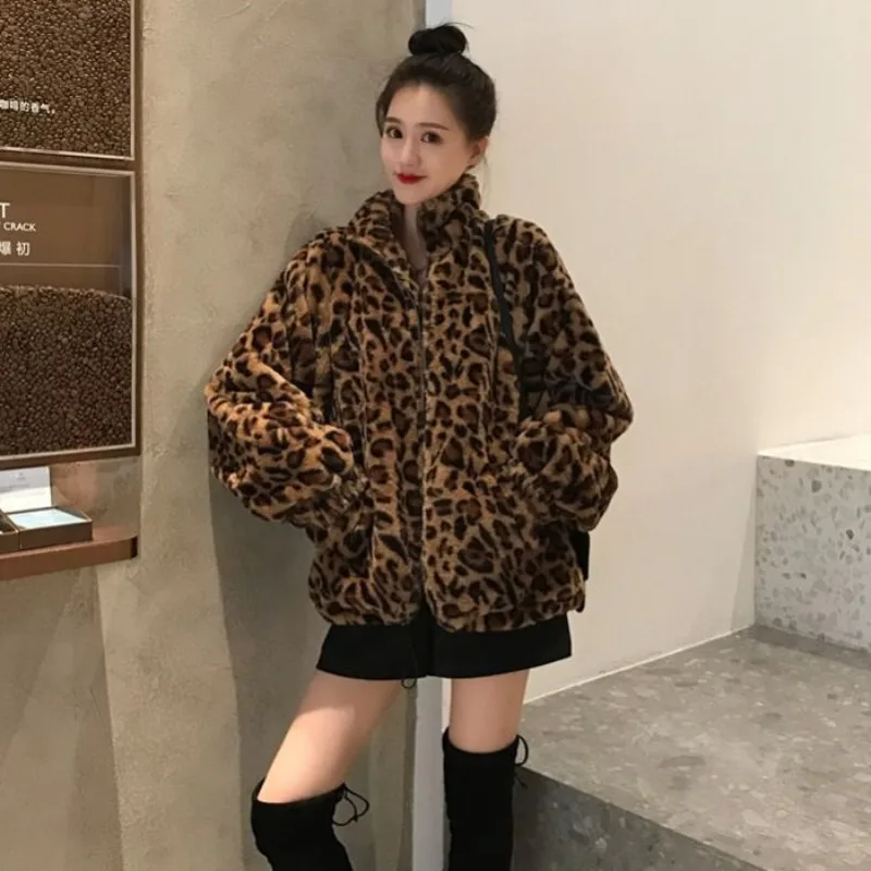 Leopard print mink velvet jacket women's trendy ins 2024 winter new Korean version loose foreign style stand collar jacket