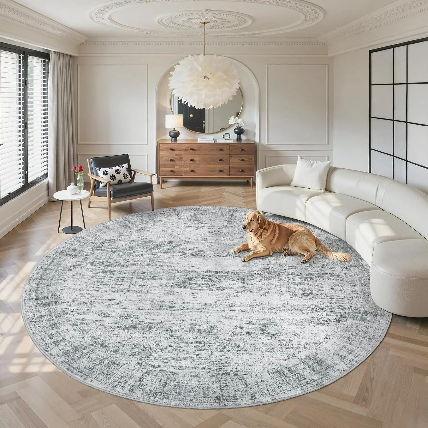 Modern Round Abstract Area Rug Gray White Low Pile Circular Living Room Carpet Washable Geometric Home Decor