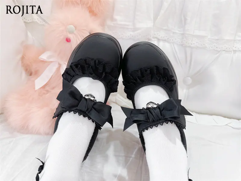 Sweet Lolita Mary Jane Shoes Women Light Blue Lace Ruffle Bow Heart Metal Decor Chunky Platform Heel Cosplay Shoes