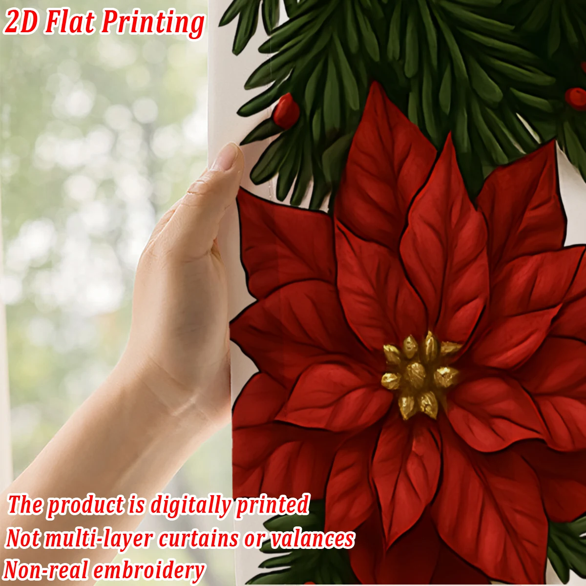 Christmas Flat Printing Sheer Curtain with Christmas Poinsettia Snowflak Pine Branch for Living Room Bedroom Decor Holiday Party