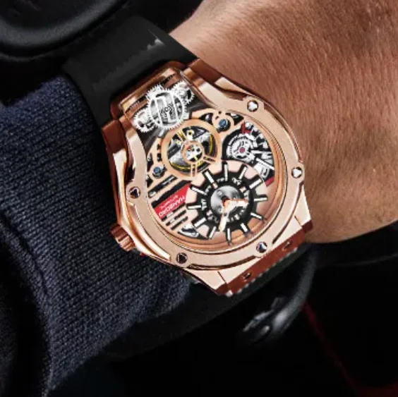 

HANBORO Men Automatic Watch 42mm Luxury Mechanical Wristwatch 30M Waterproof Luminous Skeleton Dial Rubber Strap