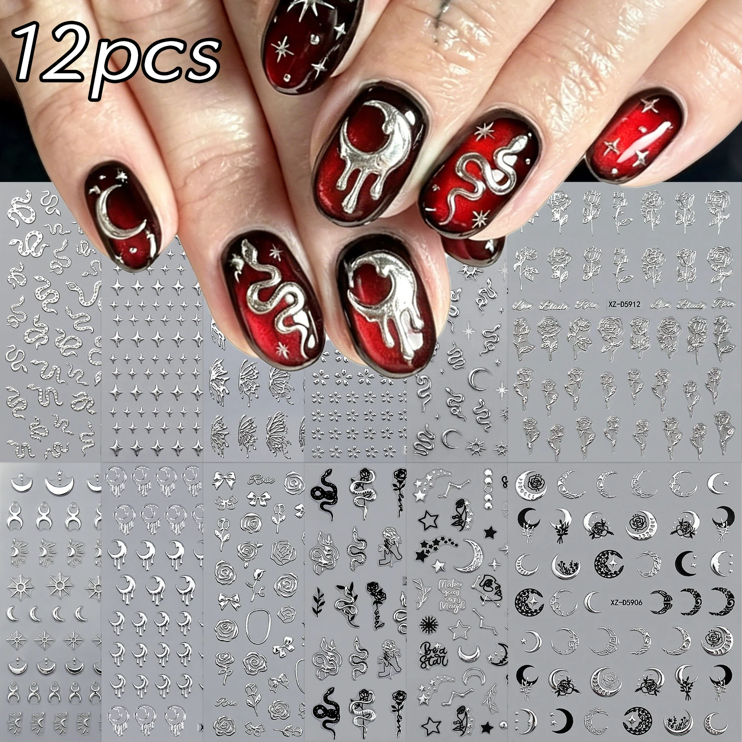 12pcs 3D Silver Starlight Moon Nail Sticker Shiny Star Sun Snake Butterfly Flower Bohemia Manicure Slider Y2k Metal Nail Decals#