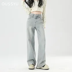 Woman Jeans High Waist Wide Leg Cotton Denim Clothing Straight Pant Fashion Comfort Retro Blue Casual Trousers Plus Length