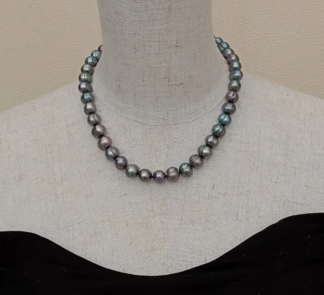 New 9-10mm PEACOCK BLACK ROUND Freshwater cultured PEARL NECKLACE 18inch