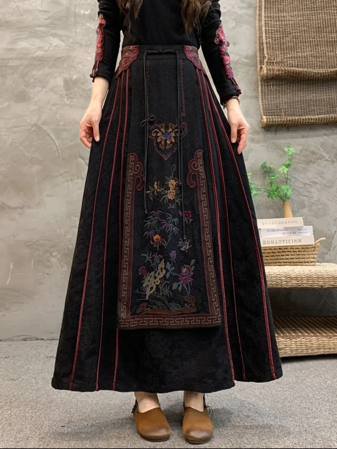 On Sale Winter skirt Vintage cotton linen Black long skirt Embroidery jacquard weave Women skirt Elastic waist