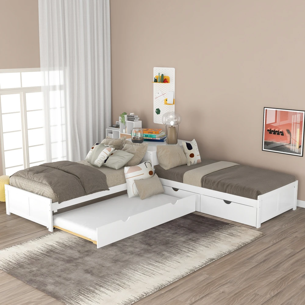 

L-shaped Platform Bed with Trundle and Drawers Linked with built-in Desk,Twin,White