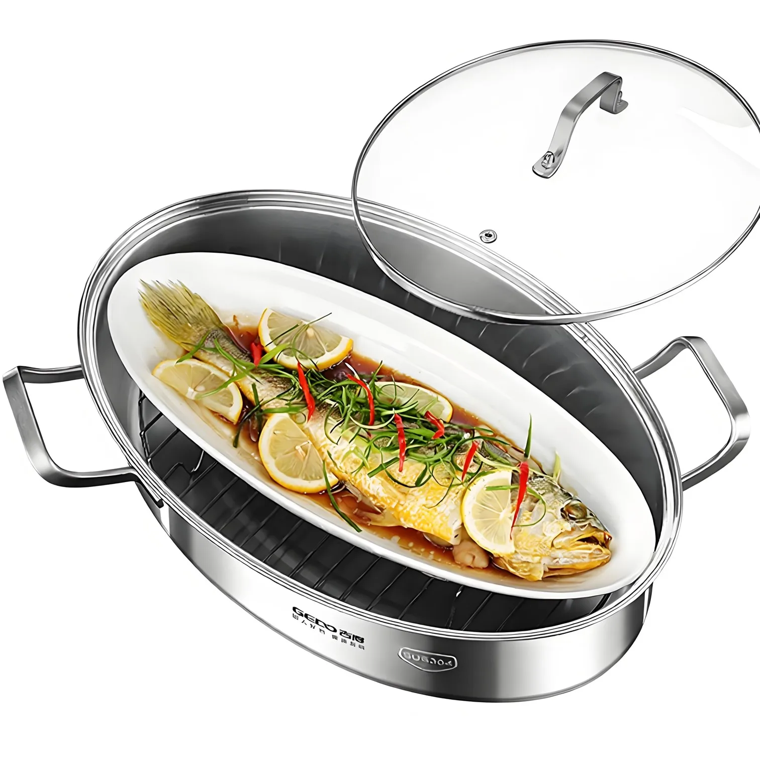 Ultra Thick 304 Stainless Steel Oval Saucepot LFGB Certified Steaming Pot 2 Layer Efficient Cookware with Tempered Glass Cover
