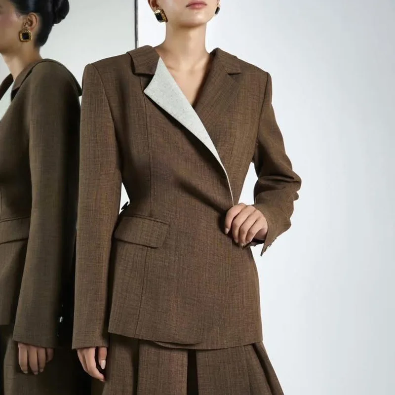 

SuperAen Korean Style Suit Women Autumn 2025 Fashion Color Contrast Patchwork Notched Design Slim Office Lady Coats