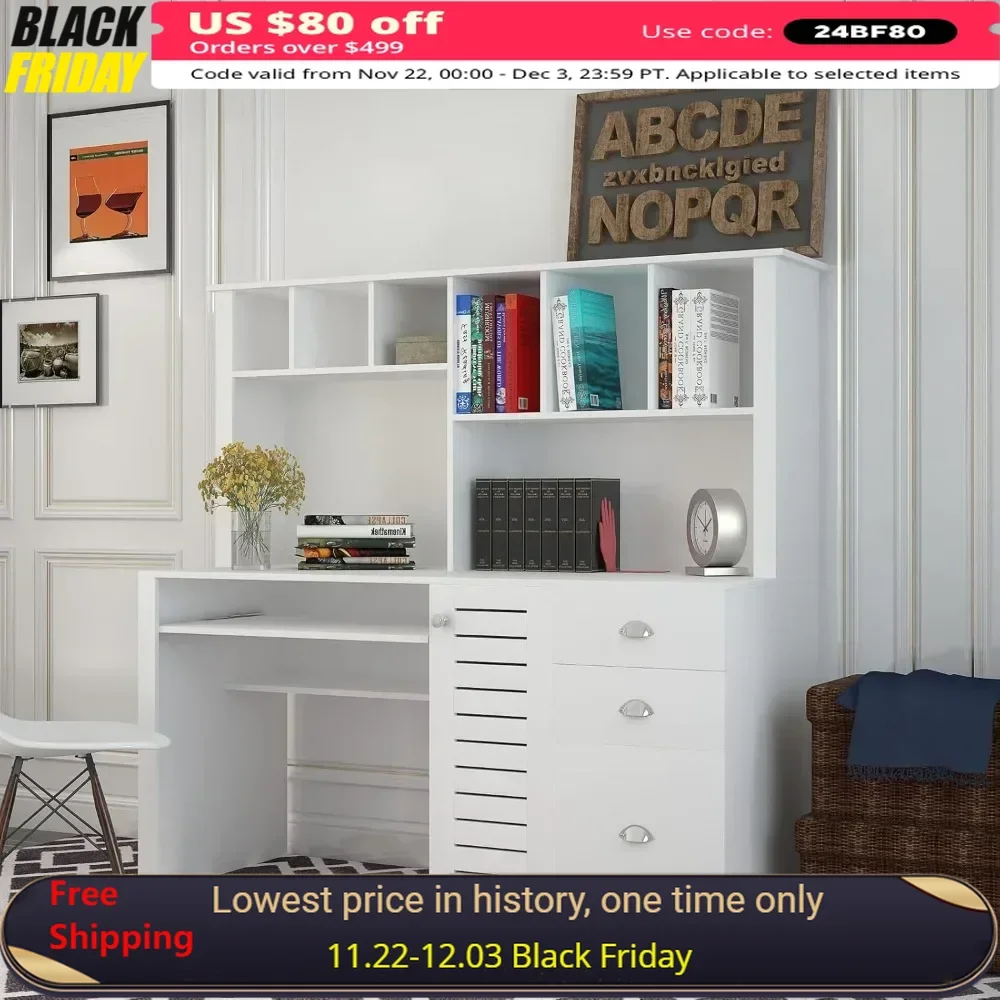 Large Desk with Hutch, Suitable for Office, 2-tier Open Shelf and 3 Large Drawer, Computer Desk for Bedroom, Computer Desk