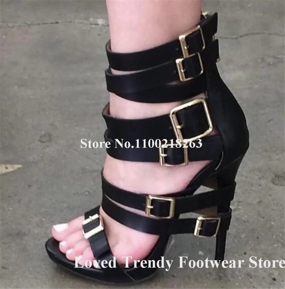 Unique Style Straps Cross Metal Buckles Decorated Thin Heel Gladiator Sandals Open Toe Red Black Matte Leather Stiletto Heels