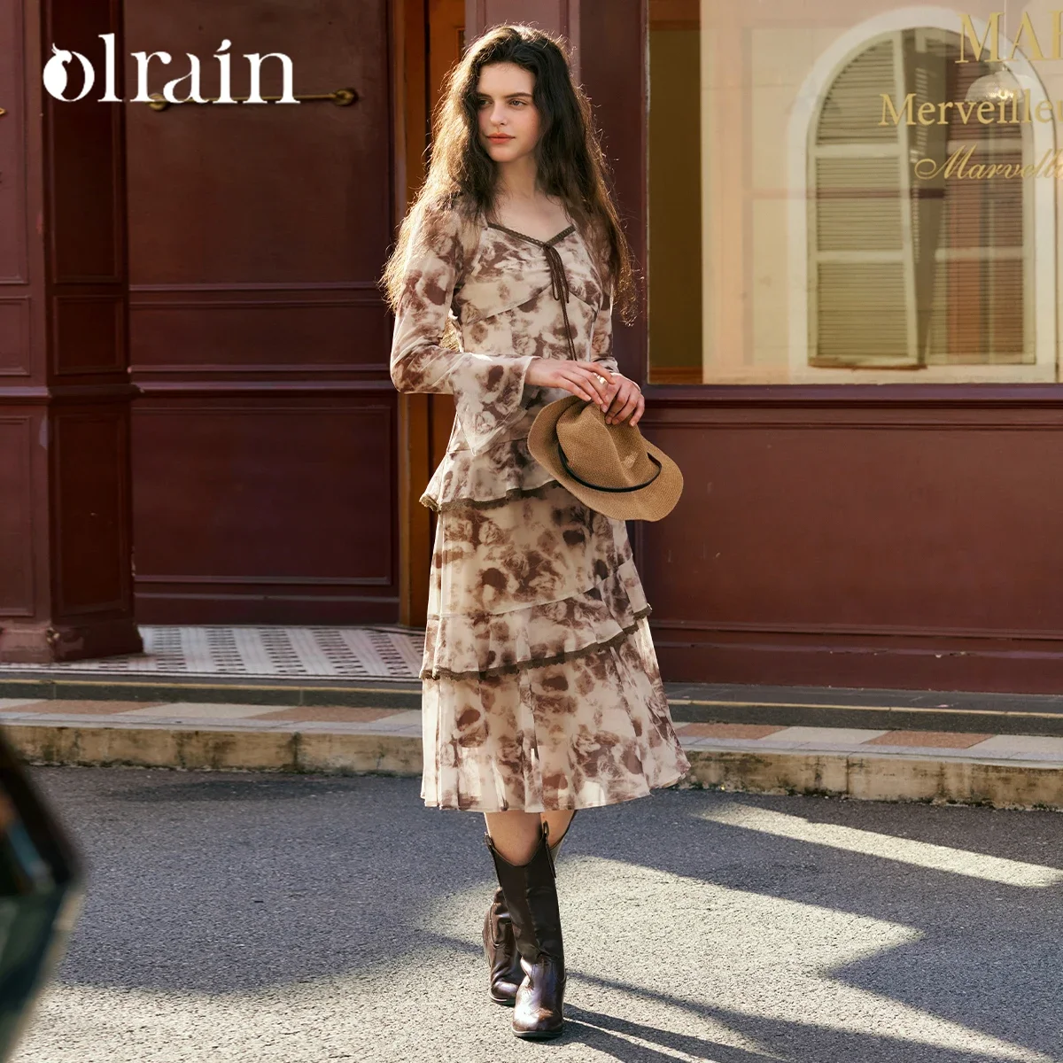 

OLrain Printing Slim Fit Woman Dresses 2025 Spring Retro Patchwork Spliced Beading Flare Sleeve Elegant Long Dress M56QL93805