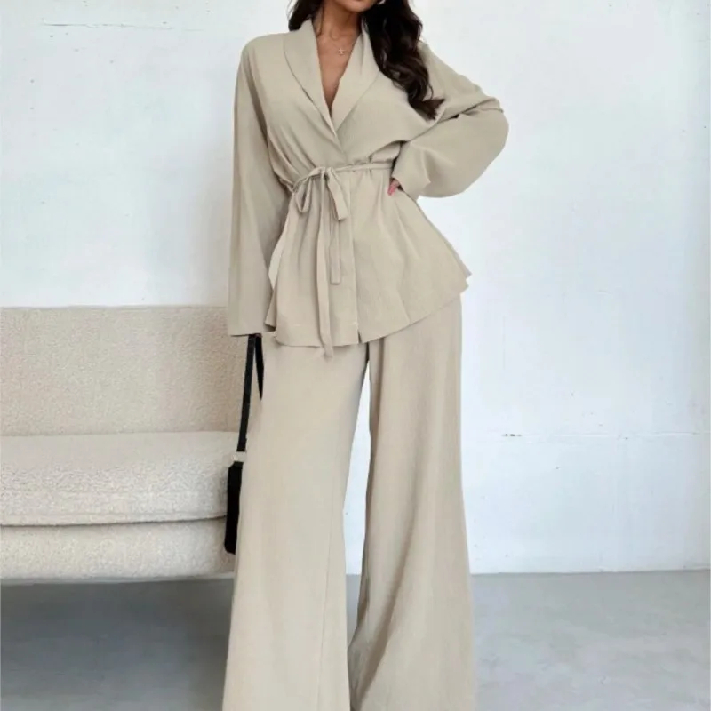 

Элегантный осенне-зимний модный сексуальный топ на шнуровке с v-образным вырезом и длинными рукавами + свободные широкие брюки, однотонный комплект из 2 предметов для женщин