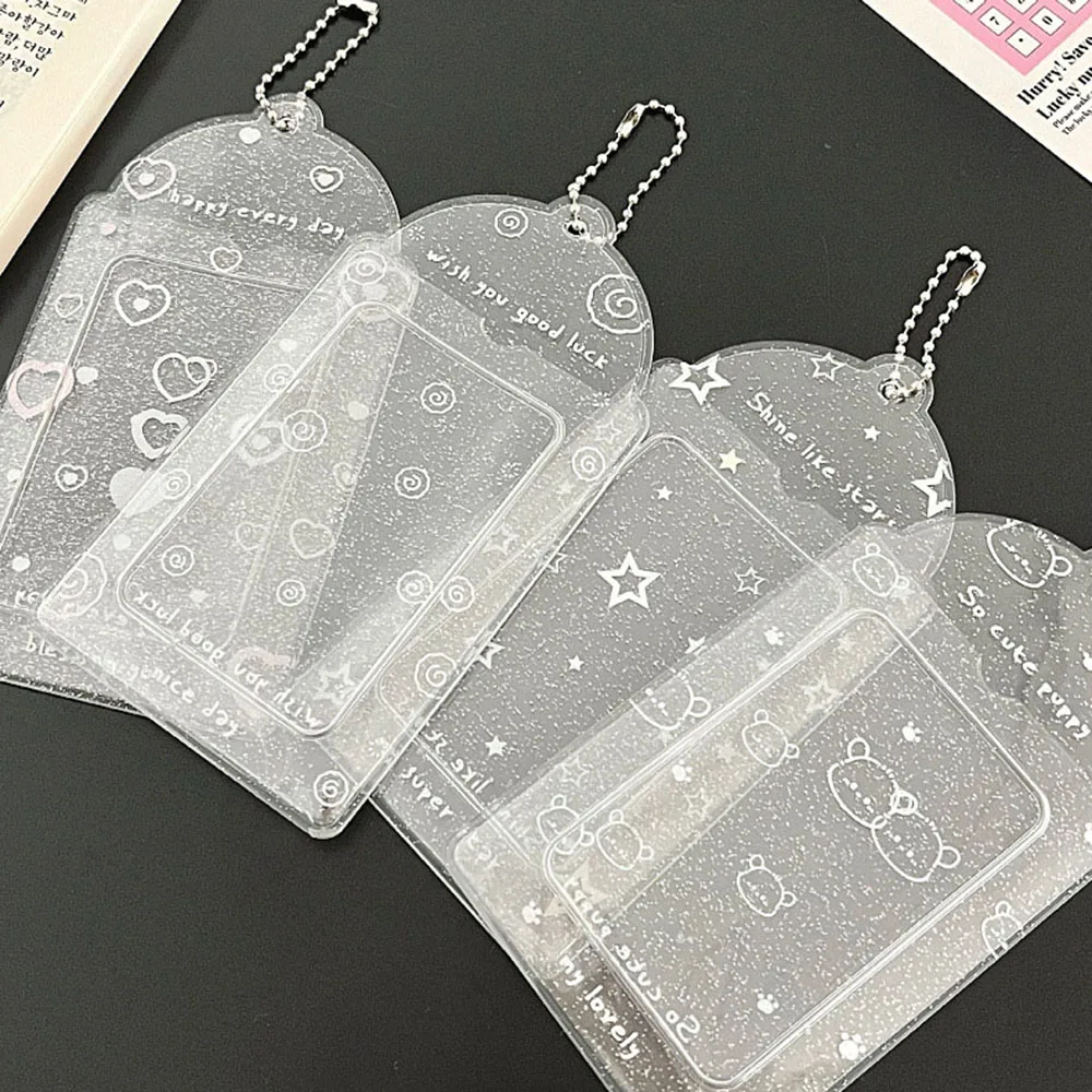 Photo Card Holder Anti-lost Keychain 3 Inch INS PVC White Glitter Idol Protective Case Bag Bus Cards Sleeves Photo Frame