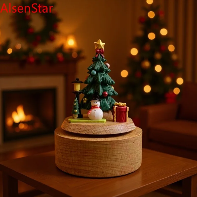

2025 Christmas Music Box Wooden Craft Round Bottom Christmas Tree Clockwork Music Boxes Handicraft Ornament Home Decoration