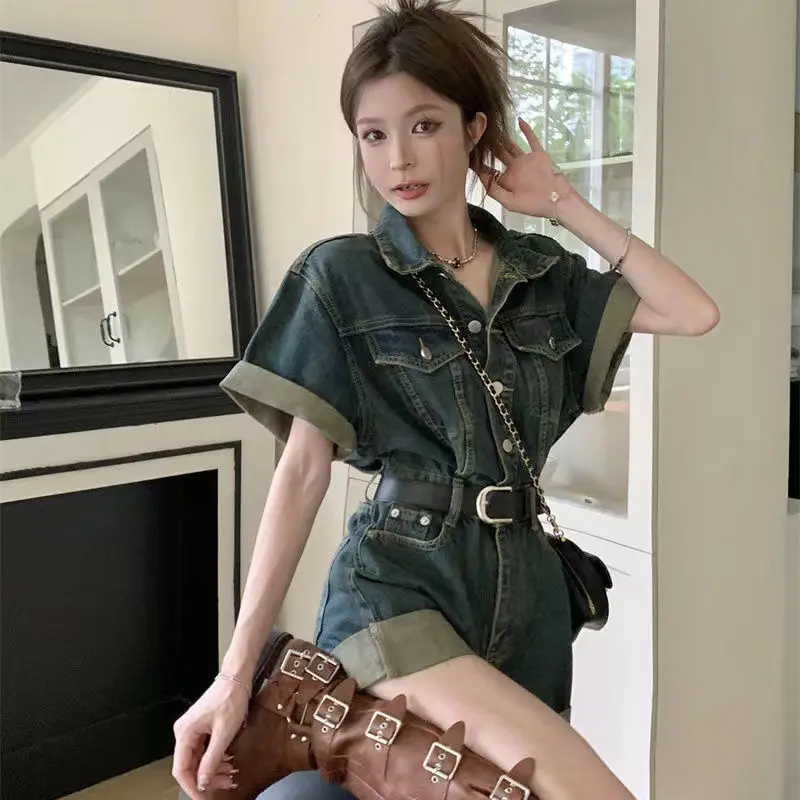 Crimped shorts Denim Jumpsuit Women's Korean Retro One Piece Jeans Romper Shorts High Waistband Design Trendy Wide-leg pants