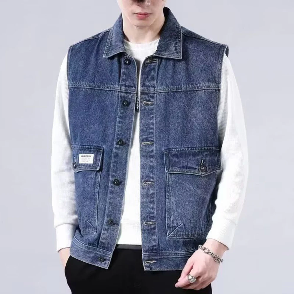 Mens Cargo Denim Vest Summer Streetwear Fashion Youth Outdoor Versatile Lightweight Breath Layering City Boy Sleeveless Tops