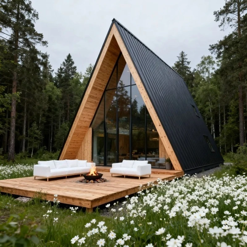 Triangular Wood Bungalow Prefab Tiny House Timber Triangle House for Retreat Custom Mountain Top Cabin Rental Wellness Holiday