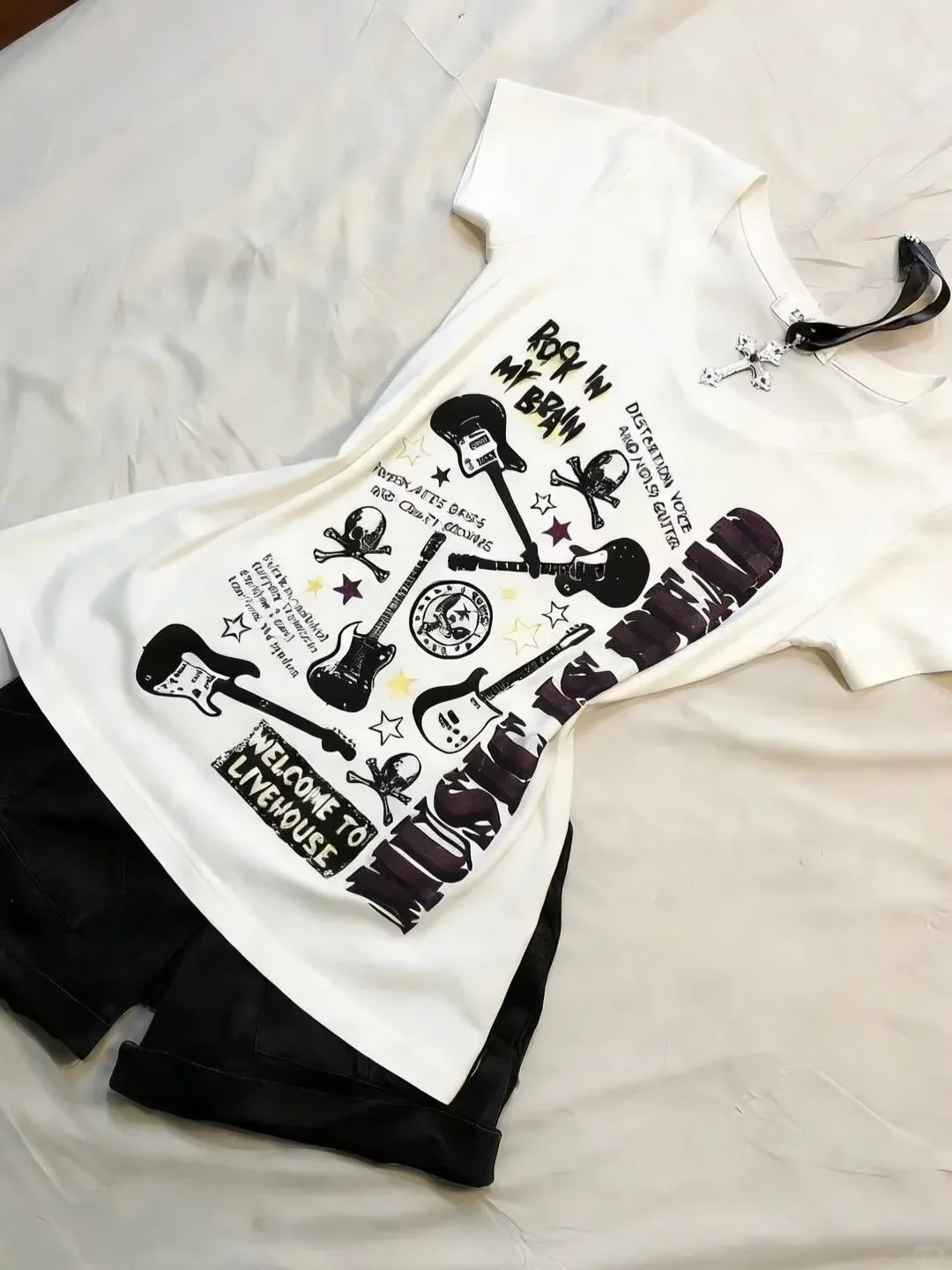 New white guitar printed short sleeved t shirt for women vintage waist to show off weight spicy girl top polo shirt women
