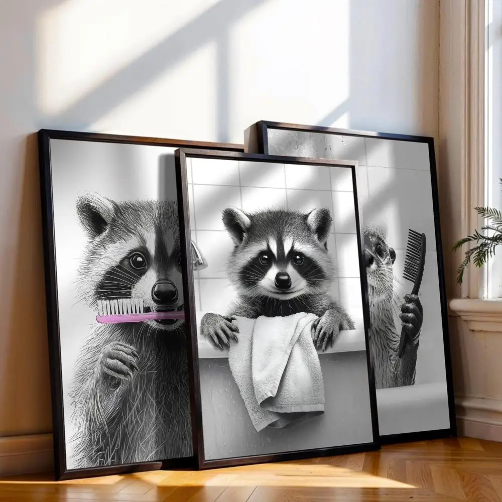 Funny Otter & Raccoon Bathroom Poster Cover For Room Canvas Painting Print Art Home Wall Decor Picture Gift