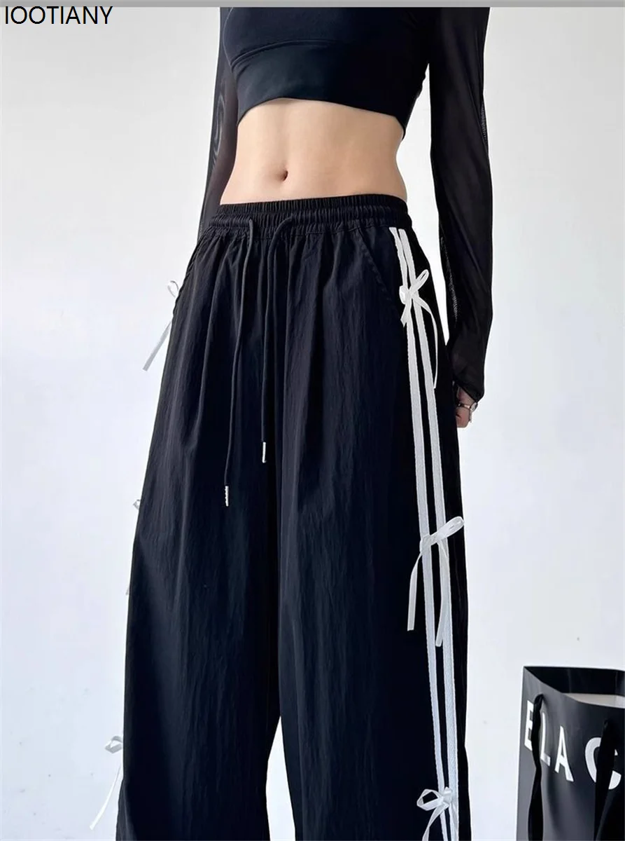 Retro Side Stripe Bowknot Wide Leg Pant Women's High Waist Thin Casual Sports Pants Harajuku Overalls Street Hip Hop Jogging Pan
