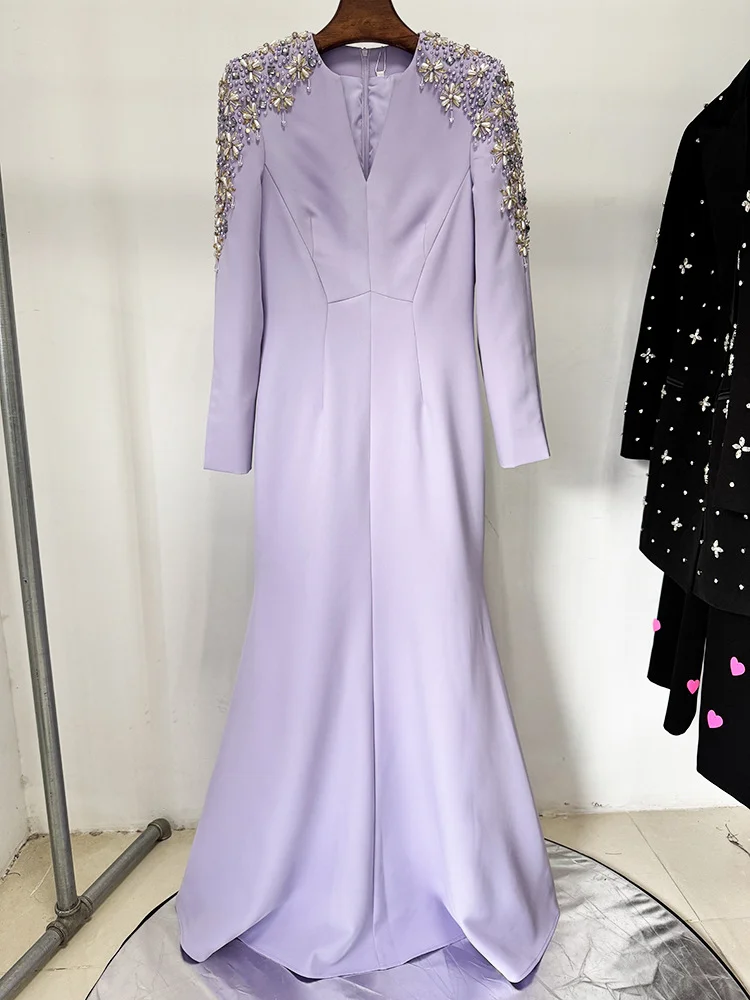 HIGH STREET Newest Fashion 2026 Designer Party Vestido Women\'s Diamonds Beaded Split Long Maxi Dress