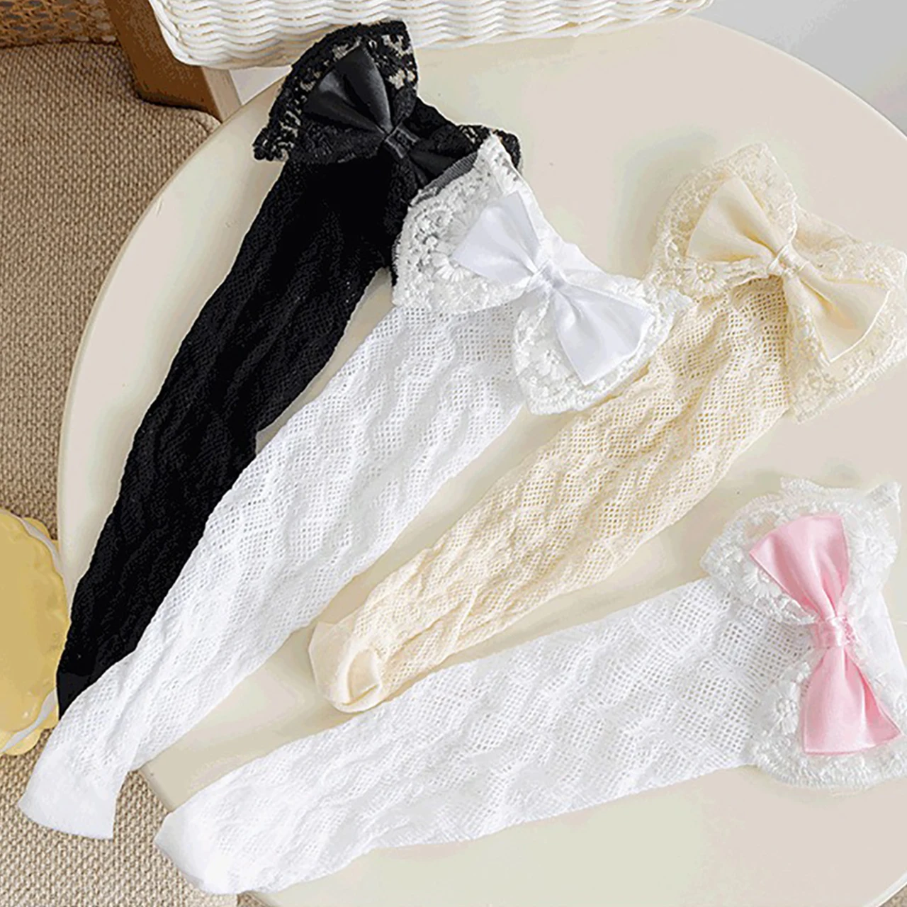 Princess Girls Bow Socks Lace Trim and Openwork Knee-High Sock Summer Mid-Calf Sock Lolita Mesh Stockings 3-8Year Kids Leggings