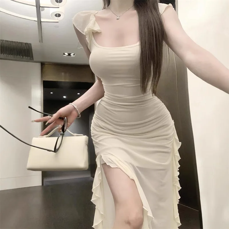 Women Elegant Ruched Maxi Dress One Shoulder Asymmetrical Bodycon Ruffled Side Split Long Summer Evening Party Outfit