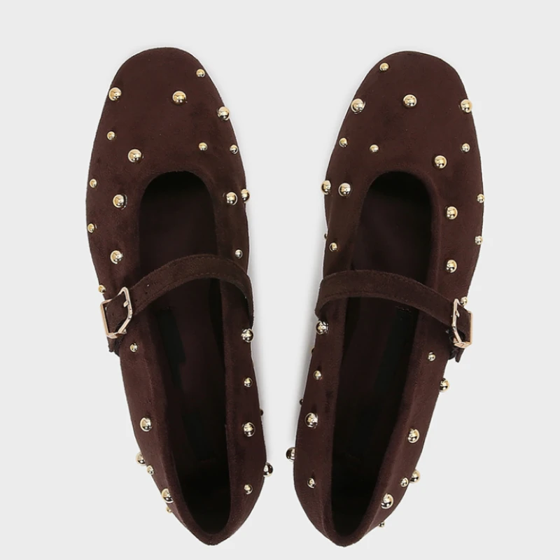 Round Toe Rivets Women Mary Jane Shoes Brown Faux Suede Metal Belt Non-slip Soft Sole Retron Design 2025 Spring Ladies Flats