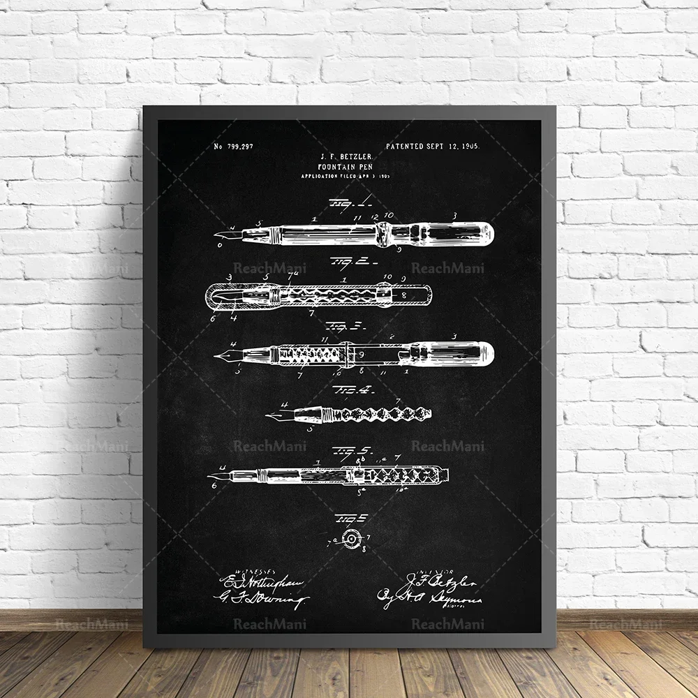 Office Patent Prints Set of 4, Accountancy Poster, Office Art, Business Management, Fountain Pen, Typewriter, Office Lamp