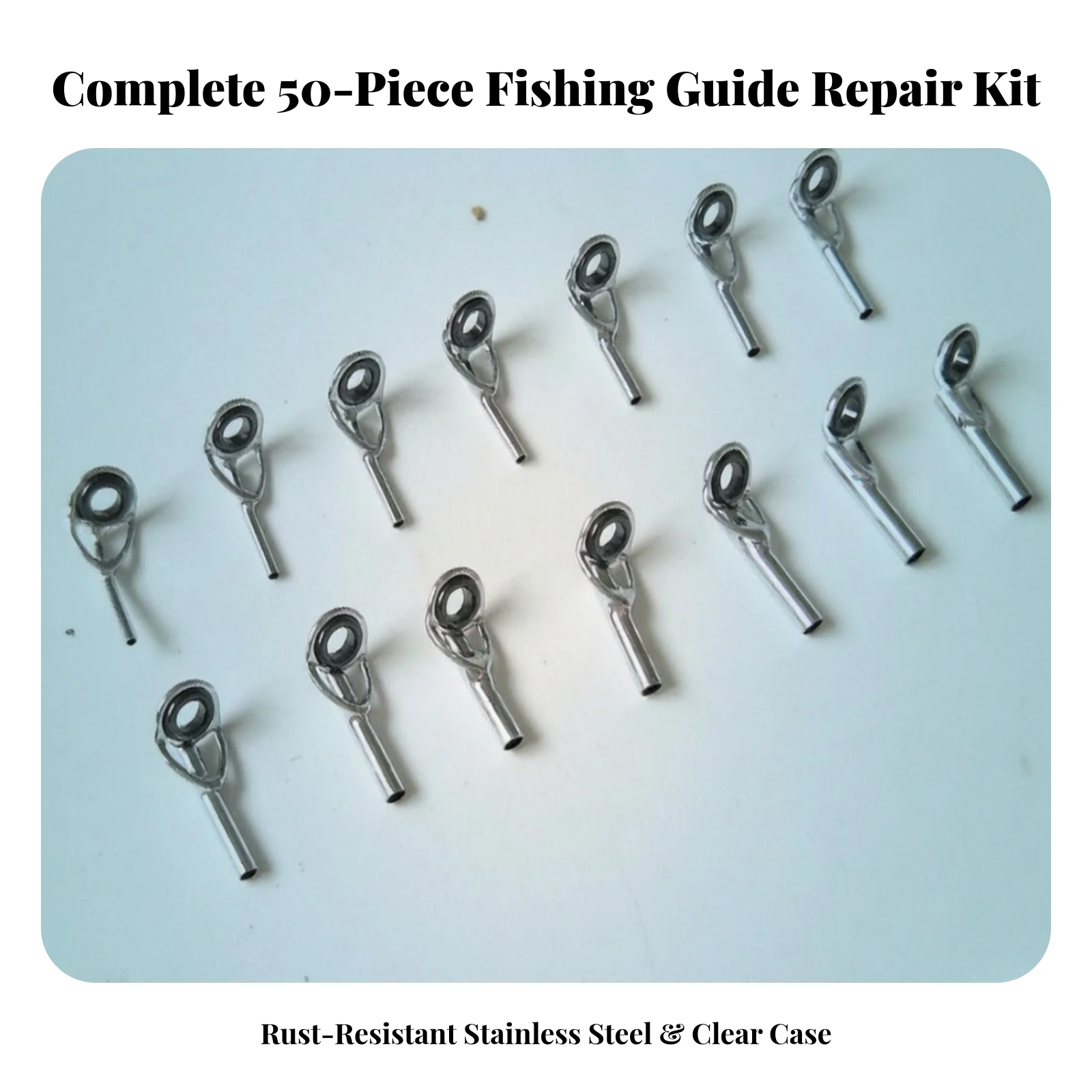 50 Pieces Fishing Rod Tip Replacement Guide Corrosion-Resistant Fishing Rod Tip Repair Kit with Stainless Steel Guides Compact