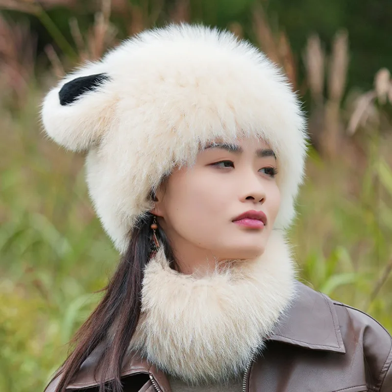 Real Mink Fur Hat For Women Winter Warm And Thick Ear Protection Little Bear Ear Wind And Snow Hat Female Natural Fur Ring Scarf