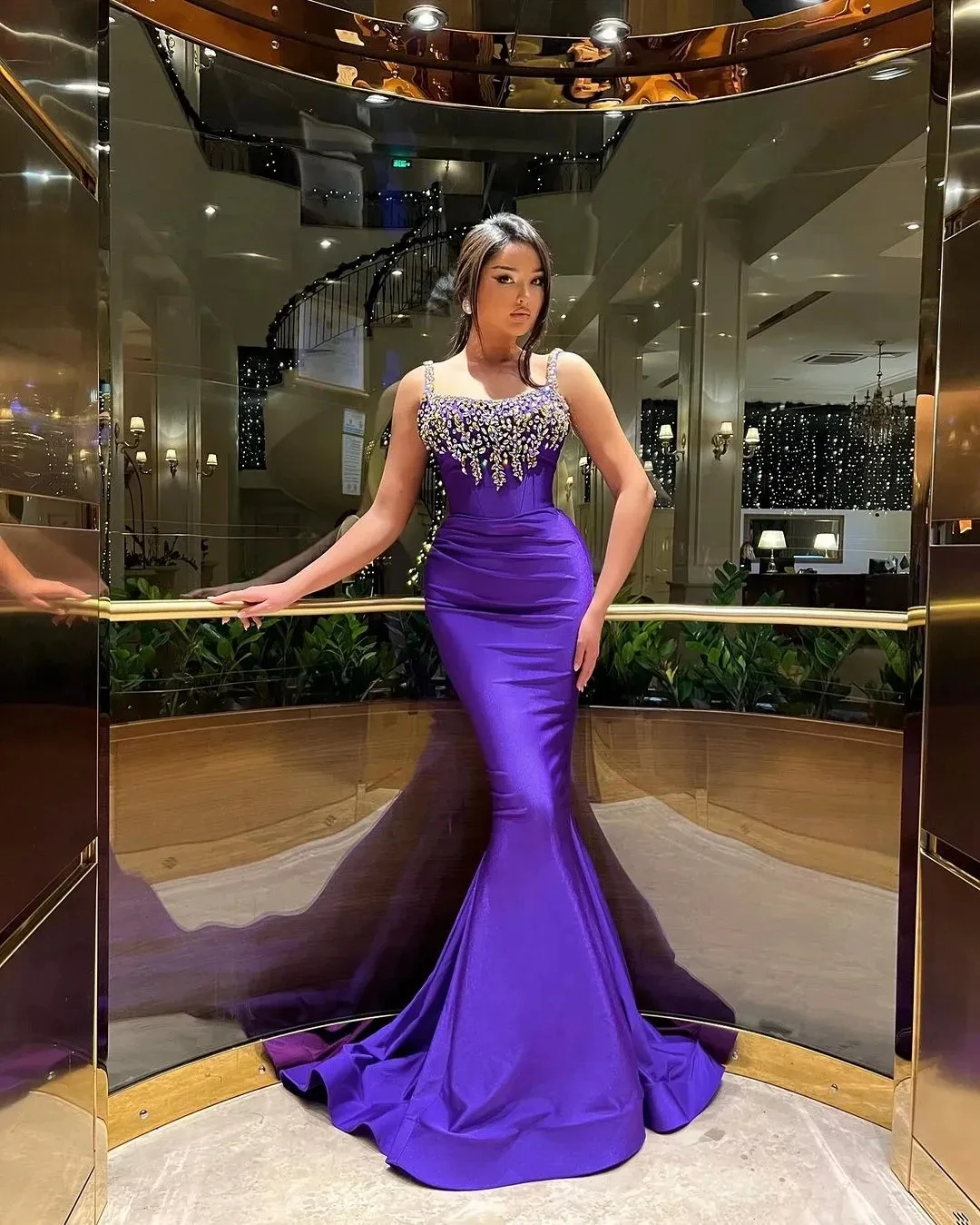 Elegant Plus Size Purple Mermaid Evening Dresses Long For Women Spaghetti Straps Beaded Crystals Floor Length Prom Dress Birthda