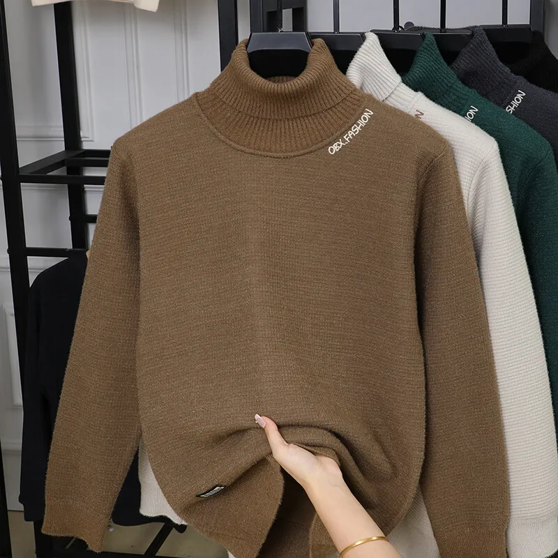 Autumn Winter Men's Thick Warm High Collar Sweater Korean Solid Color Casual Knitted Pullover Tops Social Business Men Clothing