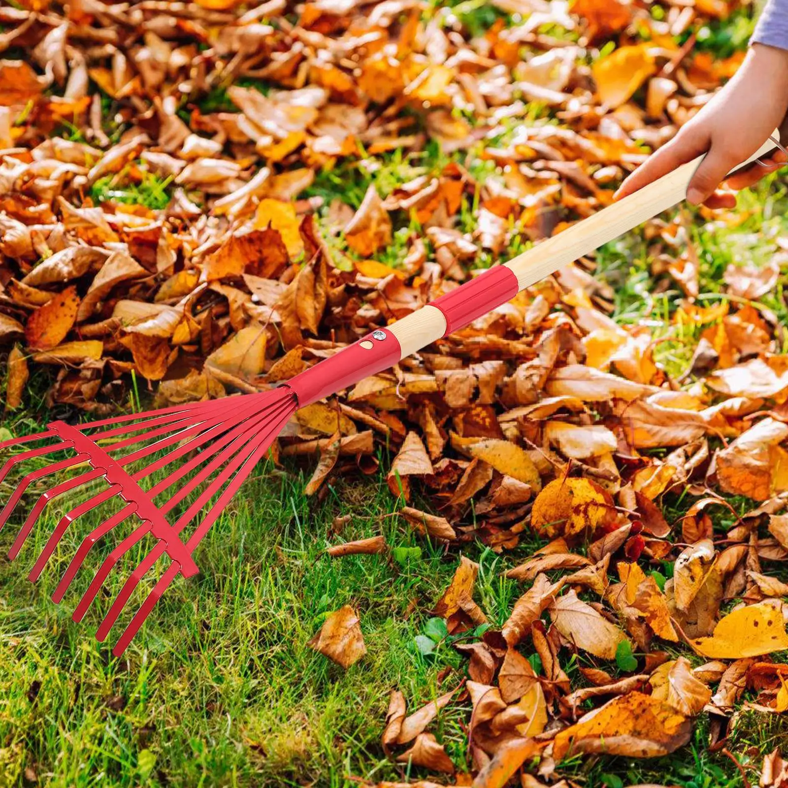 Removable Wooden Handle Rake Red Small Leaf Detachable Lightweight Gardening Tools Yard Rake Metal Lawn Maintenance